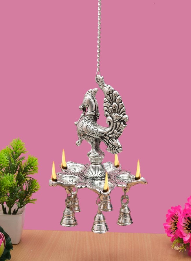 HOUZZPLUS Peacock Diya Lamp with Bells for Pooja Hanging Diya, Samai Hanging Oil Lamp, Panchmukhi Diya Peacock Design (Silver) - Image 1